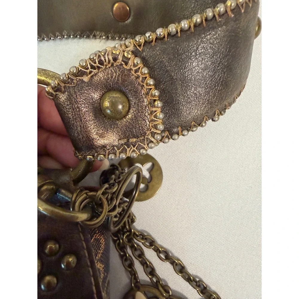 Kathy Van Zeeland Hobo Bag Large Brown Fleur De Lis Studded Y2K Boho Purse
